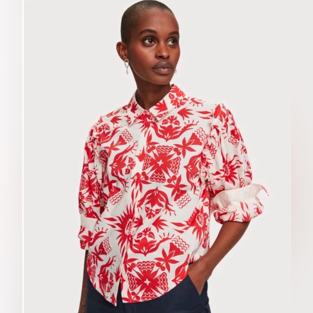 Scotch & Soda • Cropped Ruffle Detail Shirt Size Medium Aloha Print